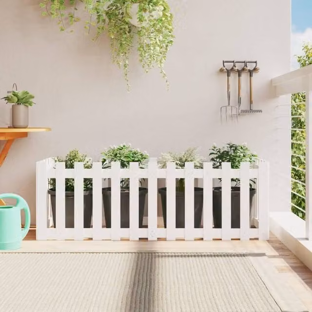 Berkfield Home Garden Raised Bed with Fence Design in White, Solid Wood and Plastic, W/D/H: 150 x 50 x 50 cm