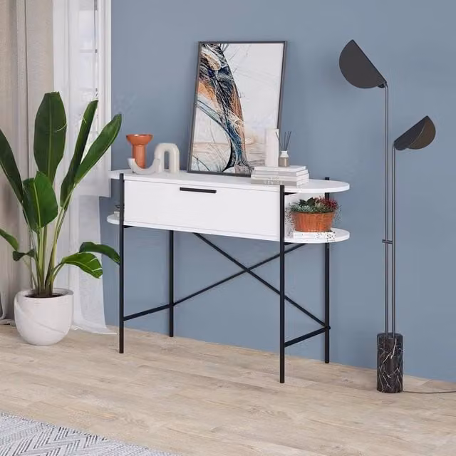 FORGEVIO Modern White Metal Console Table with 1 Drawer, 2 Shelves and X-Frame Design – 1