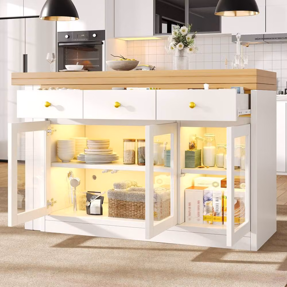 Rolipo Extendable Kitchen Island with LED Lights and Storage, White – 3