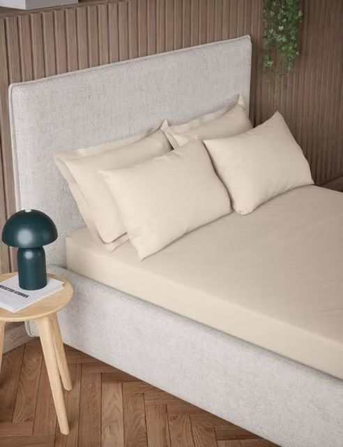 M&S Pure Cotton 300 Thread Count Deep Fitted Sheet, Beige, 90 x 190 cm