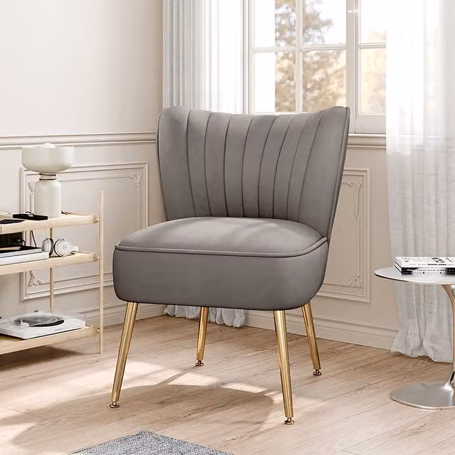 Livingandhome Grey Velvet Armless Wingback Accent Chair with Ottoman and Gold Legs