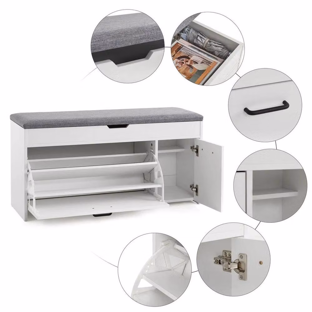 EONLION White and Grey Industrial Shoe Bench and Cabinet with Fabric Seat, Width: 100 cm – 4