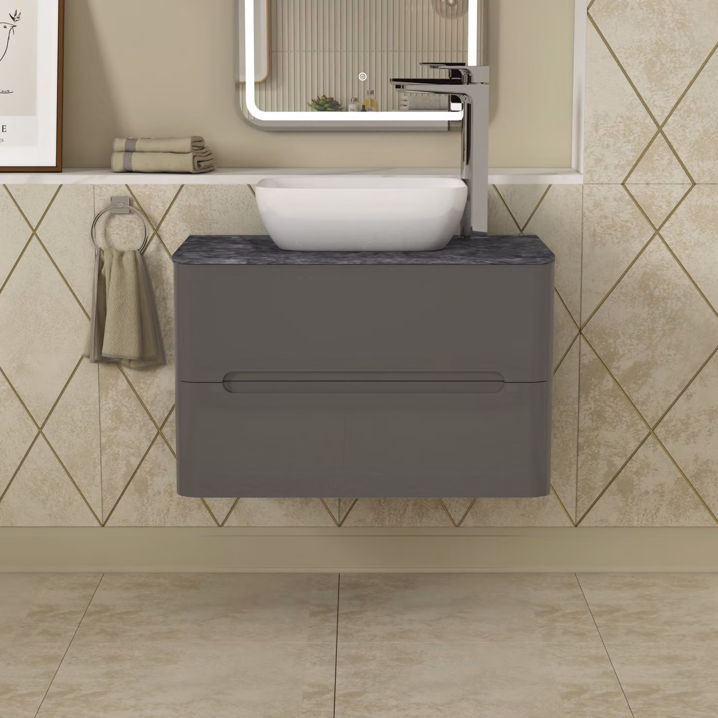 Royal Bathrooms Infinity 800mm Wall Hung Gloss Anthracite Vanity Unit with 2 Drawers and Black Star Worktop