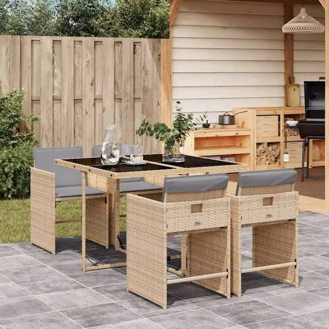 Berkfield Home Garden Dining Set in Beige, Grey and Black with Polyrattan and Glass – 1