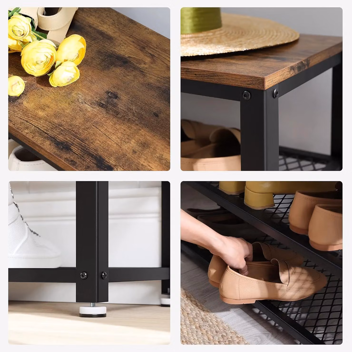 VASAGLE Industrial Shoe Storage Bench with Metal and MDF Shelves in Brown – 6