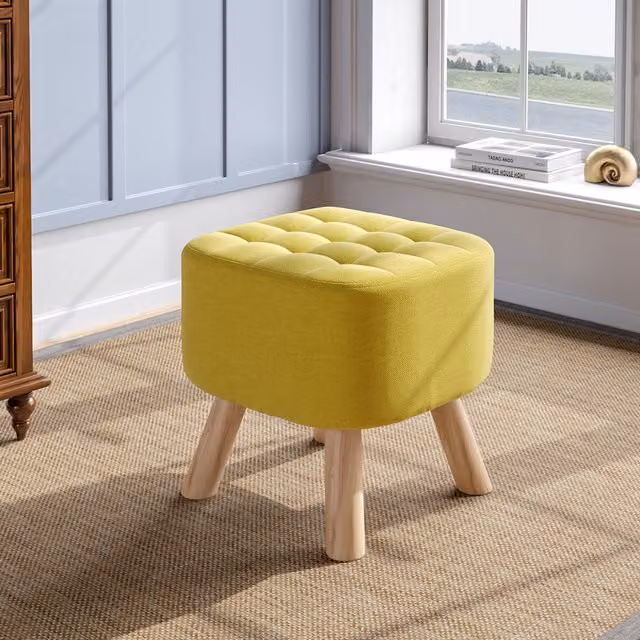 Livingandhome Yellow Linen Fabric Square Padded Footstool with Wooden Legs