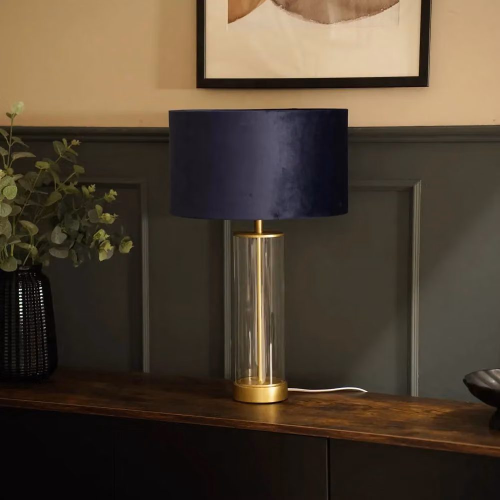 ValueLights Balan Glass and Matt Gold Table Lamp with Navy Blue Velvet Drum Shade – 2