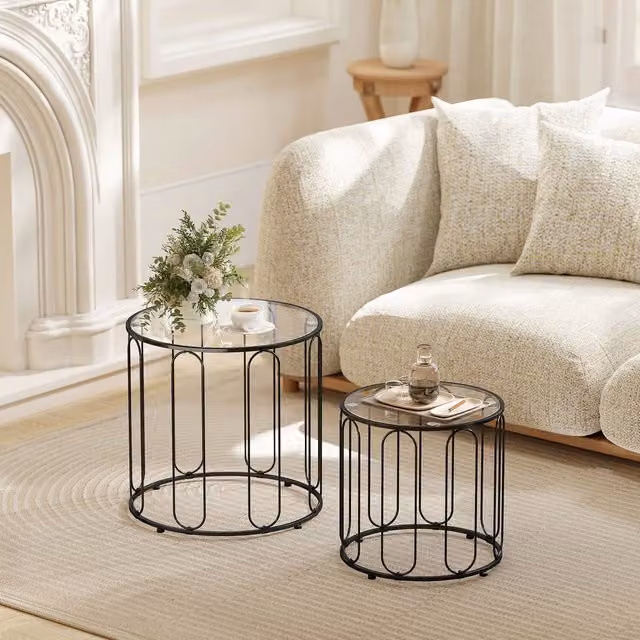 HOMCOM Set of 2 Modern Round Coffee Tables with Black Glass Tops and Metal Legs