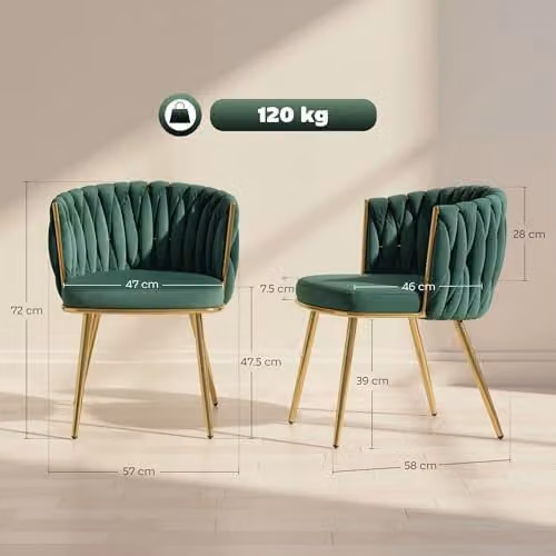 HOMCOM Set of 2 Modern Velvet Upholstered Armchairs with Metal Legs in Green and Gold – 3