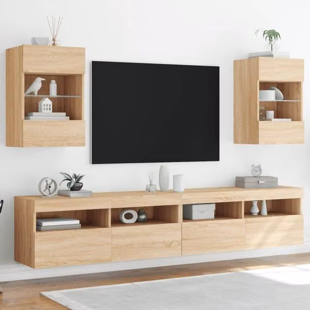 Berkfield Home Set of 2 Modern Wall Mounted TV Cabinets with Integrated LED Lights in Sonoma Oak Brown, W/D/H: 40 x 30 x 60.5 cm – 1