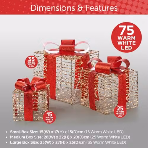 The Christmas Workshop Large Light-Up Gold and Red Gift Box Set of 3 with Warm White LED Lights and Timer Function – 2