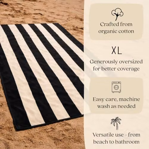 Misona Large Organic Cotton Beach Towel in Black and Natural Stripe, W/D/H: 90 x 180 cm, GOTS-Certified Dual-Sided Terry and Velour – 3
