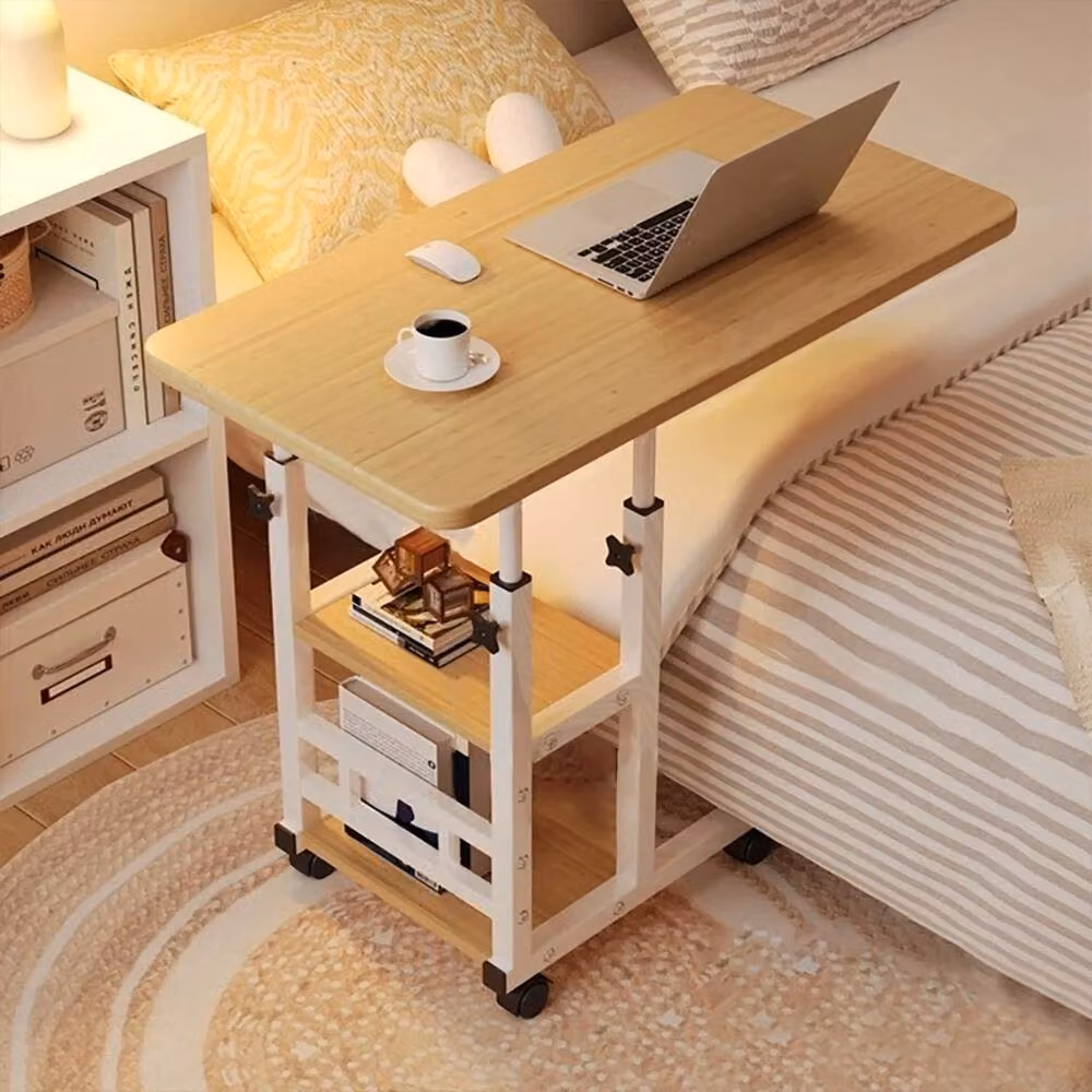 VOGREX Adjustable Overbed Table in Beige with Wood Colour Finish – 3