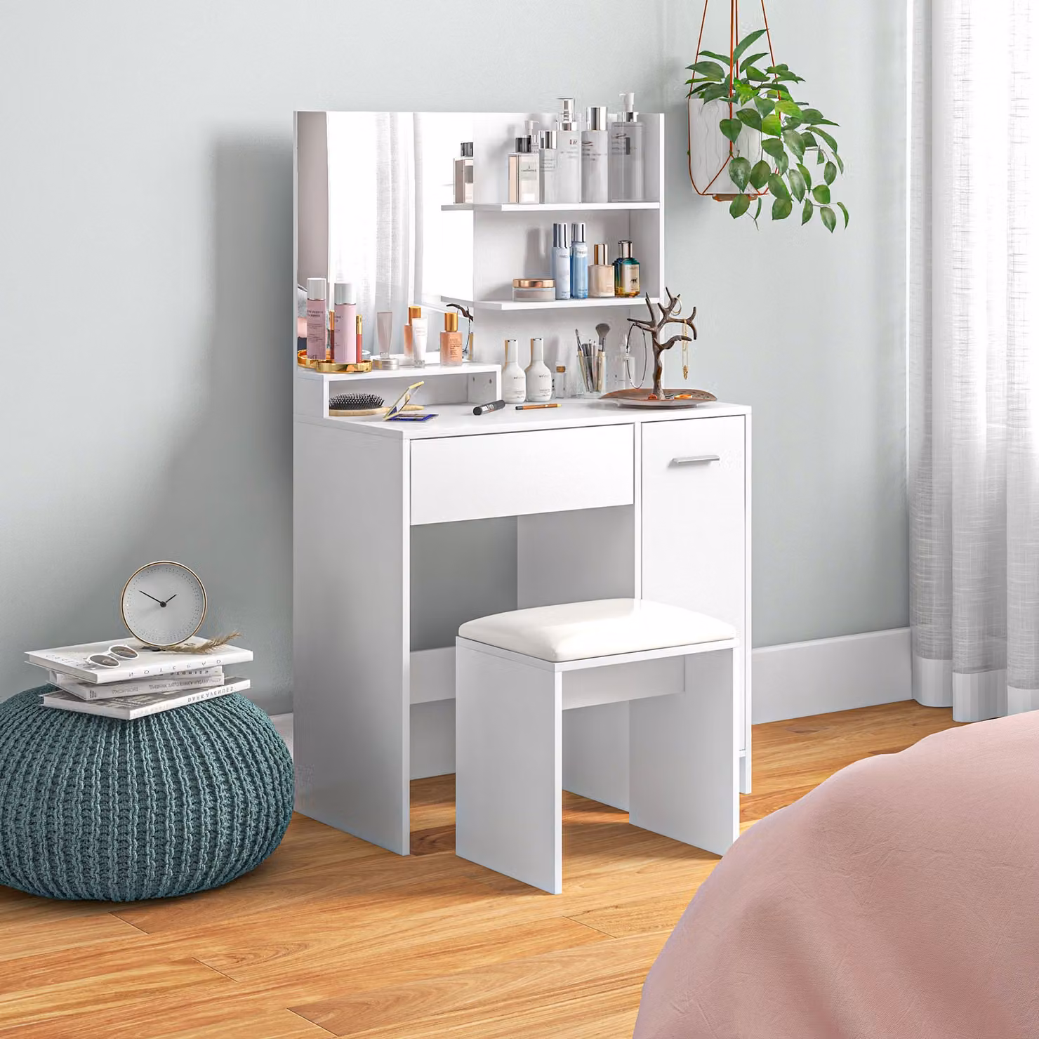 HOMCOM Modern White Dressing Table with Mirror, Stool, Drawer and Storage Cabinet – 2