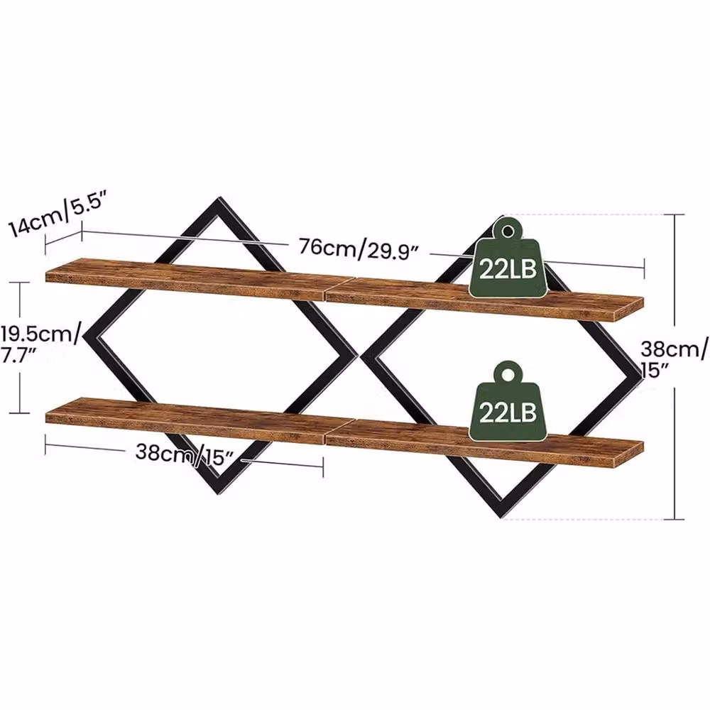 Nordara 2-Tiered Wall Mounted Industrial Display Shelf with Black Metal Frame and Brown Wood in a Geometric Design – 2