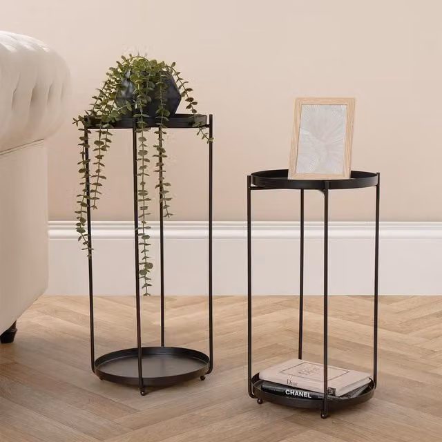 OHS Set of 2 Modern Round Matt Black Metal Nested Side Tables