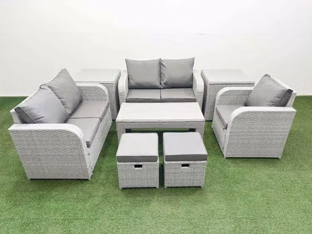 Fimous Grey Poly Rattan Garden Furniture Set with 2 Seater Sofa, Coffee Table and Matching Ottoman