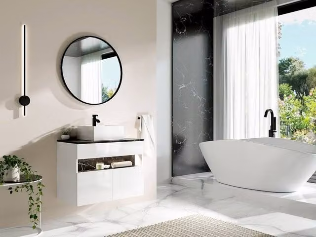 Vente-unique Modern Bathroom Vanity Unit and Wall-Mounted Cabinet with LED Lighting, White and Black, W/D/H: 80 x 46 x 60 cm