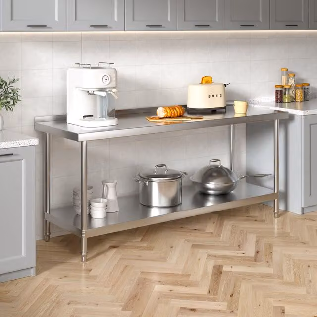 Darphe Commercial Stainless Steel Kitchen Work Table with Rear Upstand, Silver, Width: 180 cm