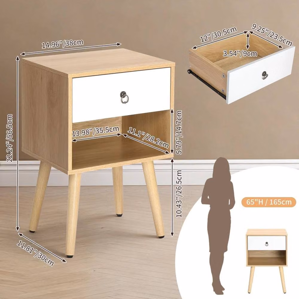 EONLION Modern White Bedside Table Cabinet in Natural Wood Finish – 2