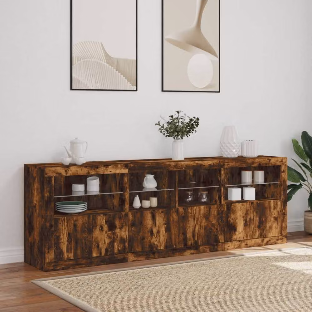 Berkfield Home Modern Sideboard with Integrated LED Lights in Smoked Oak Brown, W/D/H: 202 x 37 x 67 cm – 3