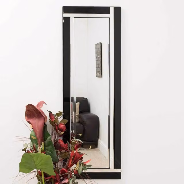 MirrorOutlet Calder Black Glass Venetian Mirror, Black, W: 120 cm, H: 40 cm