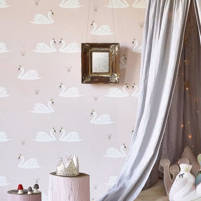 Hibou Design Swans Wallpaper in Pale Rose and Gold
