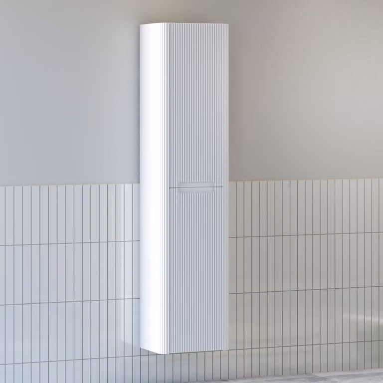 Royal Bathrooms Avenza White Matt 2-Door Wall Hung Tall Boy Bathroom Cabinet Unit, Height: 150 cm