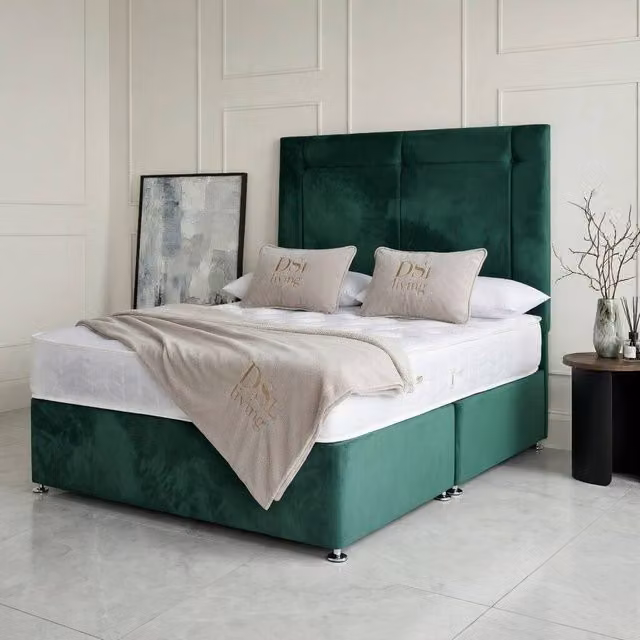 DS Living Kingsley Green Velvet Upholstered Divan Bed W/D/H: 180 x 200 cm