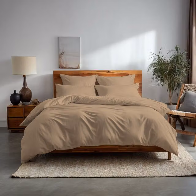 Home Sweet Home UK Plain Dyed Polycotton Duvet Cover and Pillowcase Set in Beige, Double Size, W/D/H: 200 x 200 x 140 cm – 1