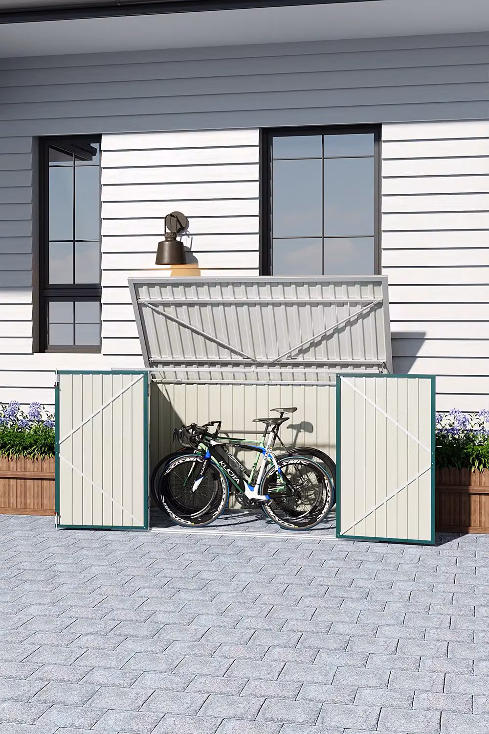 H&O Direct Heavy Duty Steel Outdoor Garden Bicycle Storage Shed, Green, W/D/H: 130 x 105 x 210 cm – 2