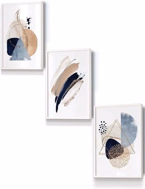 ARTZE Framed Abstract Blue and Beige Watercolour Geometric Wall Art in White, W: 33 cm, H: 45 cm, D: 2 cm
