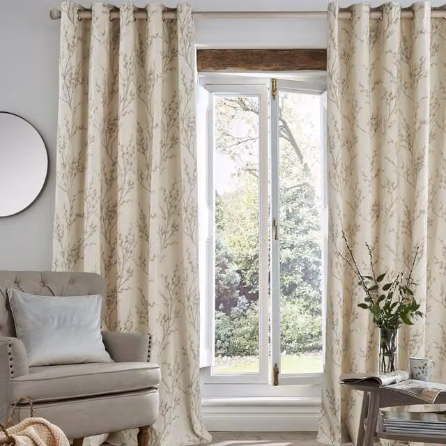 Laura Ashley Pussy Willow Floral Eyelet Curtains in Off White and Dove Grey
