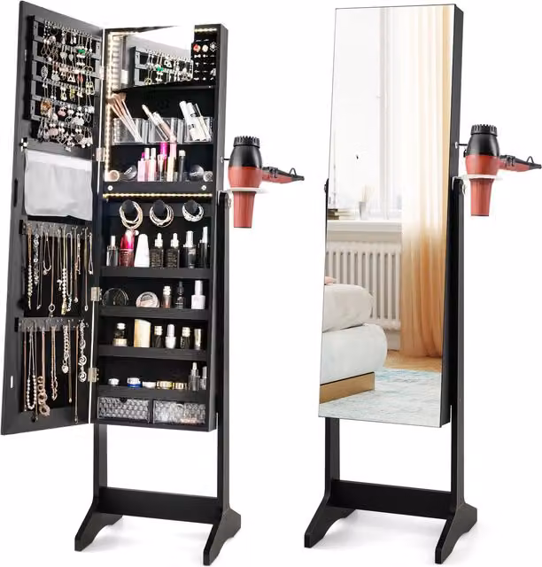 COSTWAY Black Freestanding Jewellery Mirror Cabinet with LED Lighting and Lock
