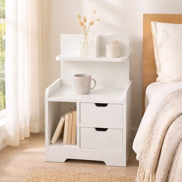 STILVORA Modern White Bedside Table with 2 Drawers and Shelves, W/D/H: 40 x 30 x 60 cm