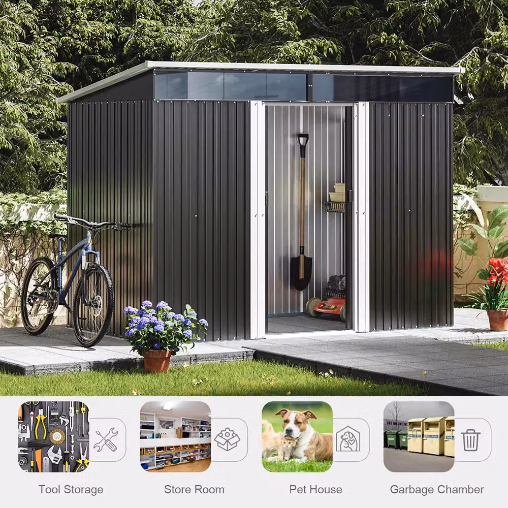 Living and Home Metal Garden Storage Shed with Pent Roof, Double Lockable Sliding Doors and Foundation Base, Charcoal Black – 3