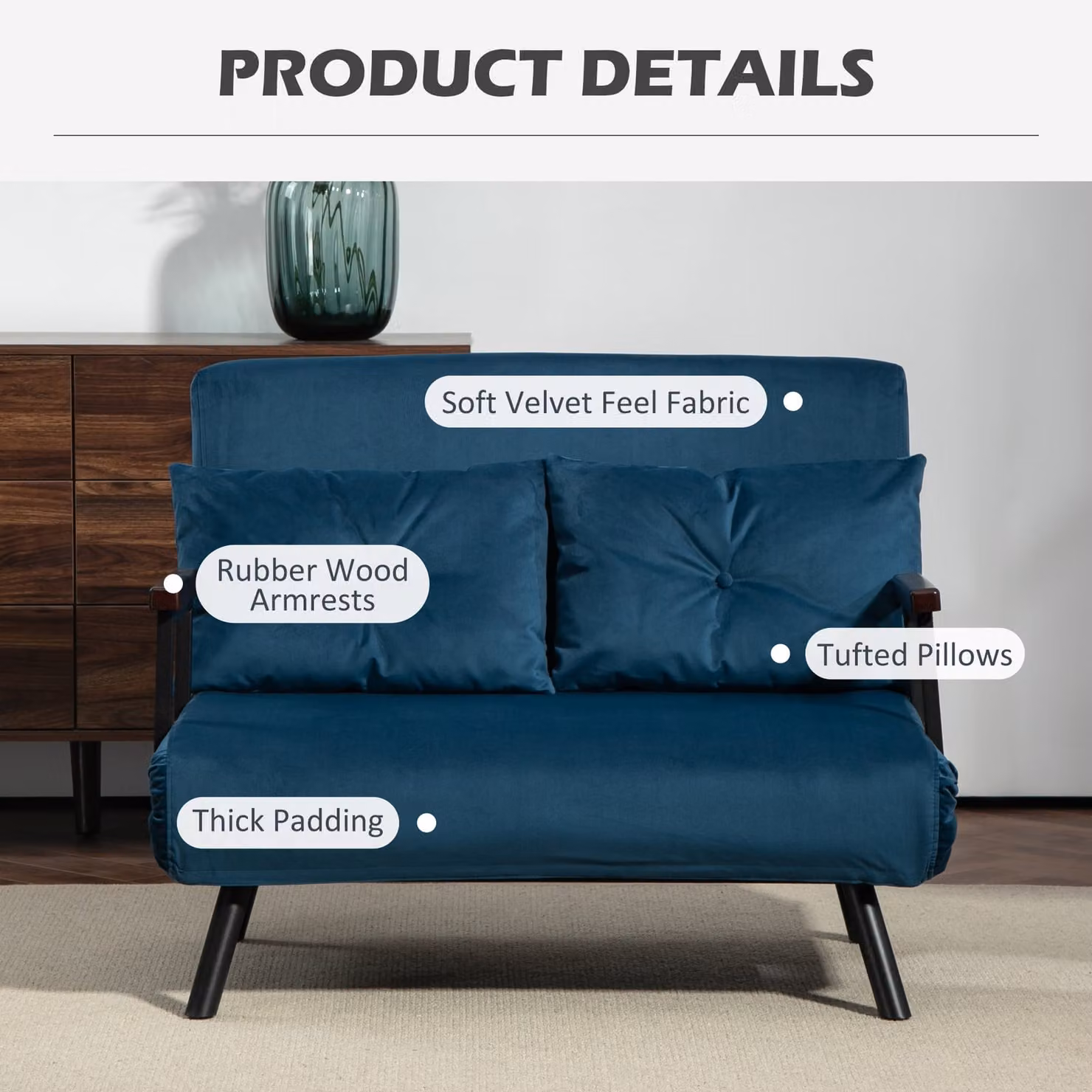HOMCOM Click Clack Sofa Bed, Convertible 2 Seater Velvet Fabric Couch with 2 Scatter Cushions and Removable Covers, Navy Blue – 6