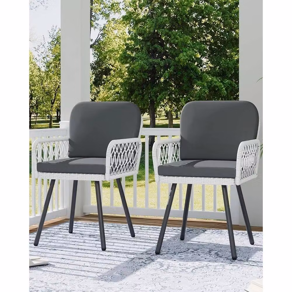 VOGREX Set of 2 Modern Grey Rattan Garden Dining Chairs with Metal Frame – 3