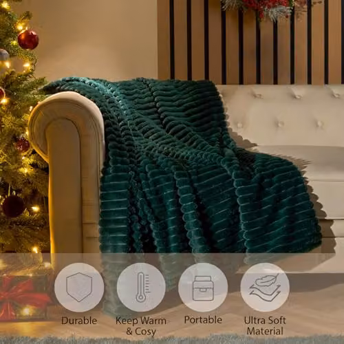 OHS Green Faux Fur Ribbed Fleece Throw Blanket, W/D/H: 125 x 150 cm – 4