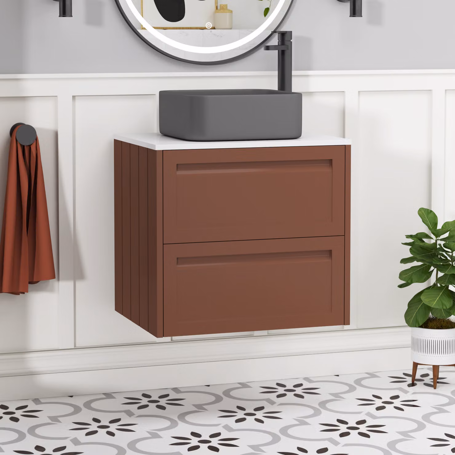 Royal Bathrooms Elmore 600mm Wall Hung Vanity Unit in Terracotta Clay with 2 Drawers, Plain White Worktop and Art Square Basin
