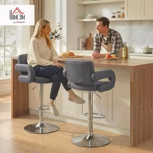 HOMCOM Set of 2 Grey PU Leather Bar Stools with Armrests and 360 Degree Swivel – 2