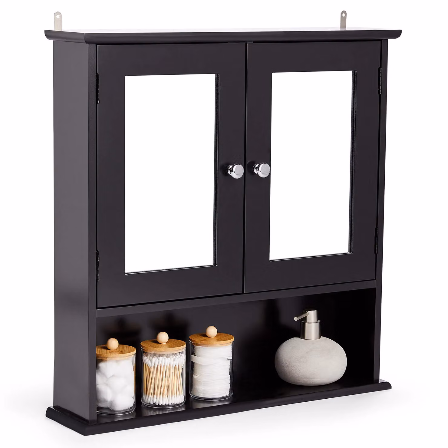 VonHaus Black 2 Door Wall Mounted Bathroom Mirror Cabinet with 3 Internal Shelves and 1 Open Shelf, H: 58 cm x W: 56 cm x D: 13 cm – 2