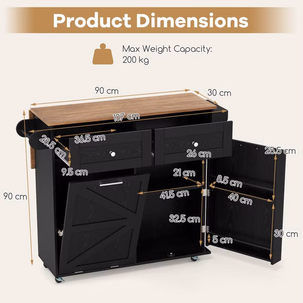 Costway Rolling Kitchen Island with Drop Leaf and 2 Drawers in Black – 3
