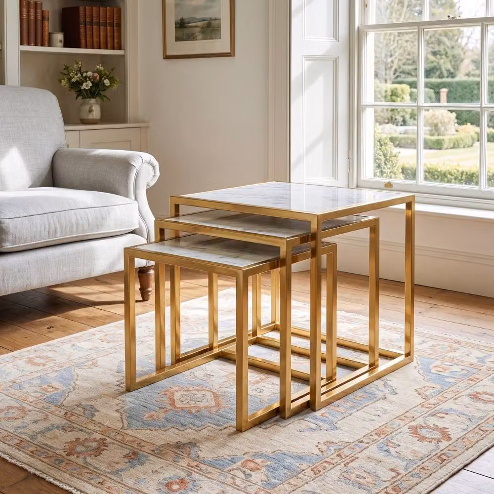 Home Luxe Interior Massa Gold Nest of 3 Tables with Cream Marble Tops and Gold Metal Legs – 4