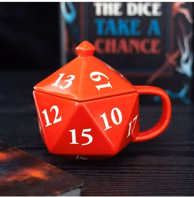 KDMD D20 Gaming Dice Ceramic Mug with Lid, Red, 500 ml