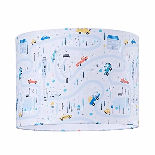 Happy Homewares Children's Play Village Cotton Lamp Shade with Town City Car Roads Map, Multicolour and White, Diameter: 25 cm