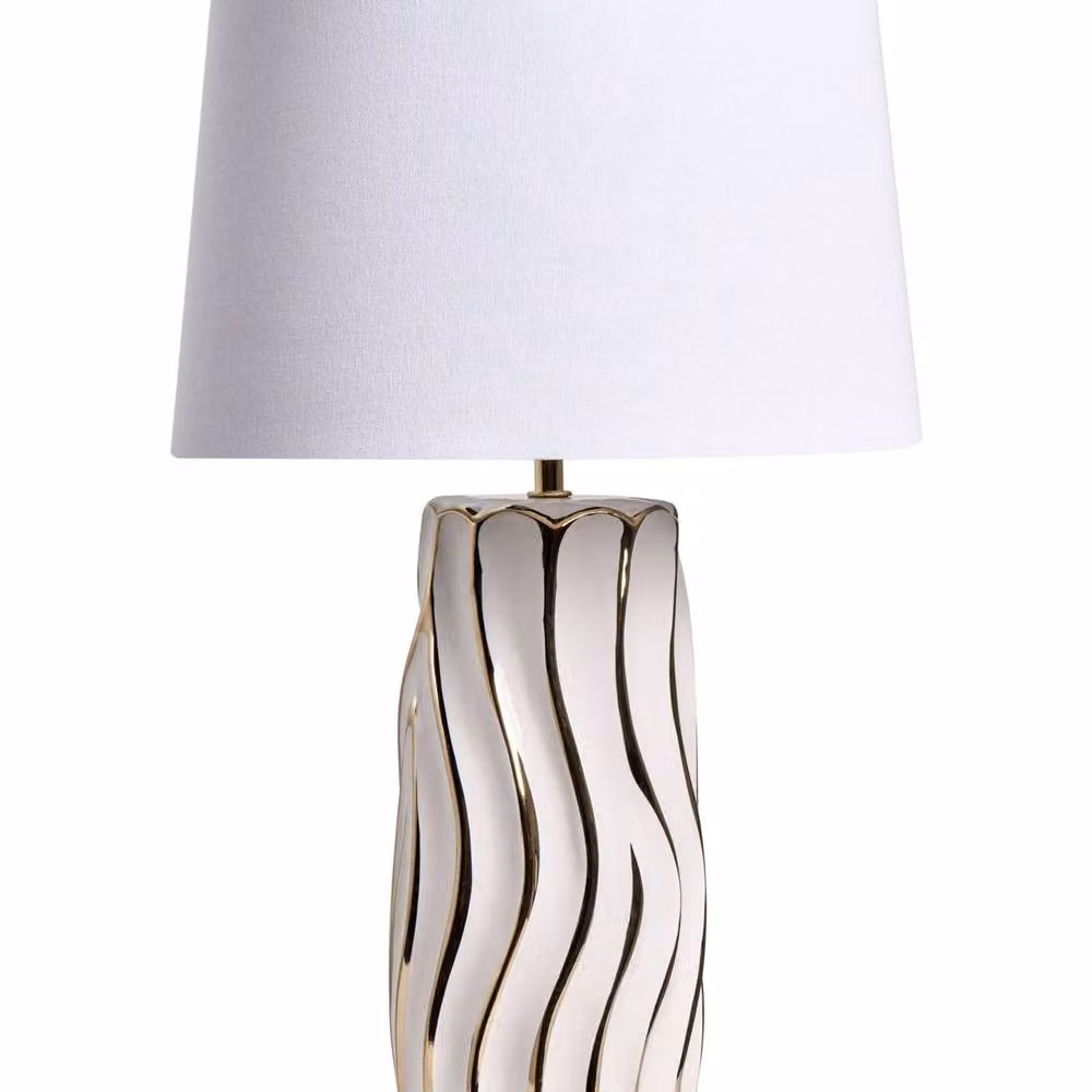 Wyld and Coco White Ceramic Table Lamp with Gold/Brass Details and Fabric Shade – 2