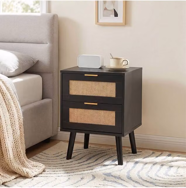 H&O Direct Set of 2 Modern Black Rattan and Metal Dual-Drawer Bedside Tables – 1