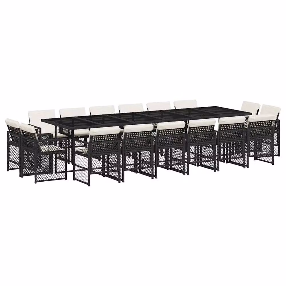 Berkfield Home 17 Piece Black Poly Rattan Garden Dining Set with Cushions and Glass Top – 2