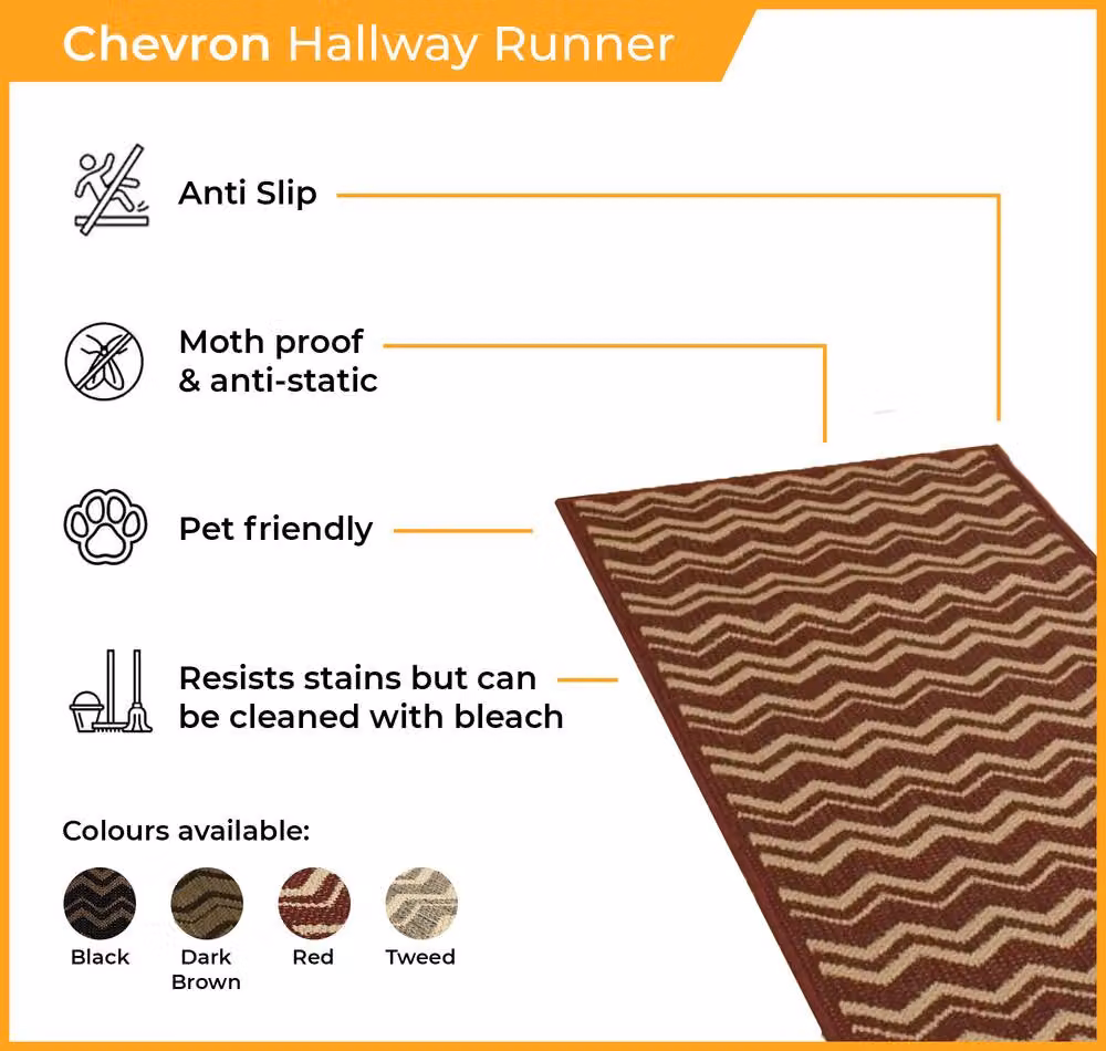 runrug Chevron Hallway Carpet Runner Rug in Red, W: 66 cm, L: 360 cm – 2